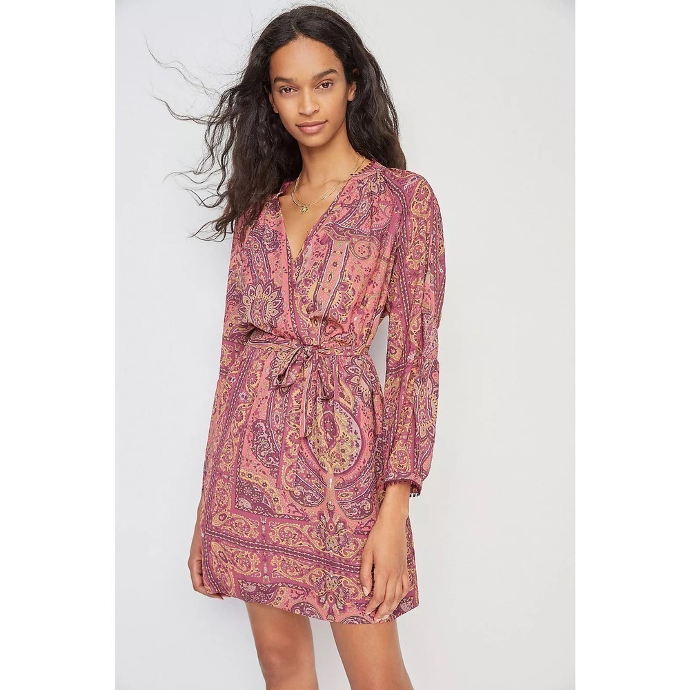 Anthropologie Tiny Odetta Boho Mini Lined Dress Pink/Wine Combo Size S